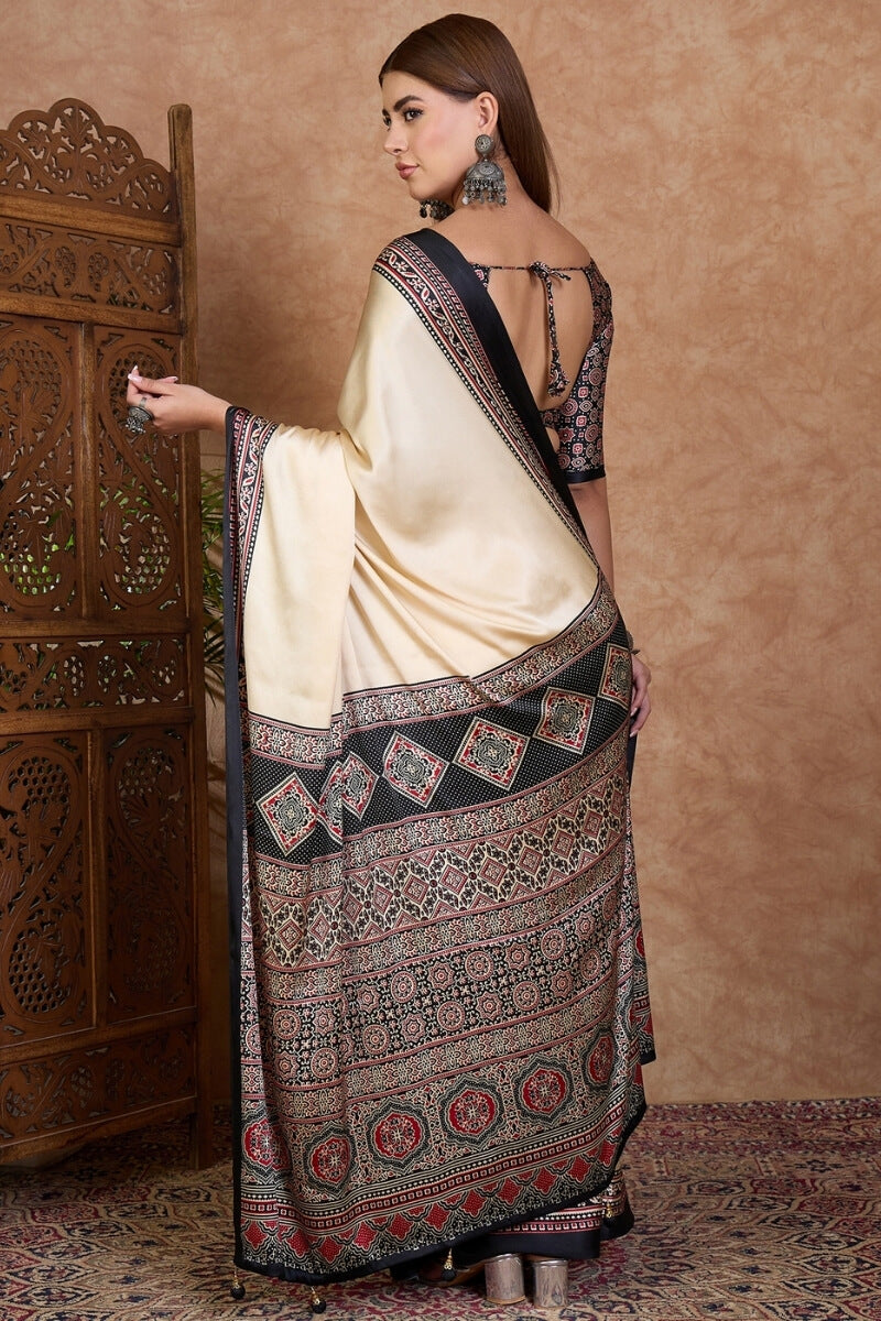 Panoply Off White Ajrakh Printed Semi Modal Silk Saree With Refreshing Blouse Piece