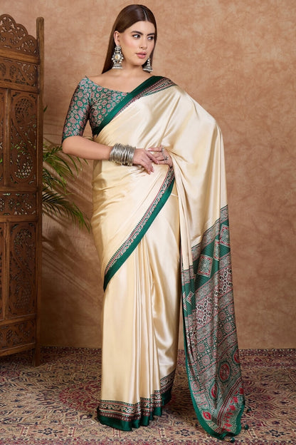 Redolent Off White Ajrakh Printed Semi Modal Silk Saree With Gleaming Blouse Piece