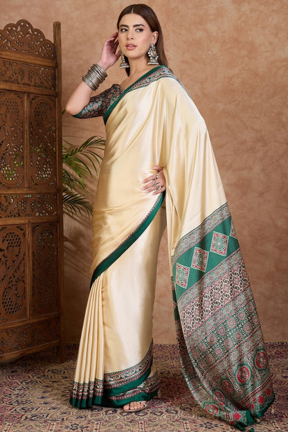 Redolent Off White Ajrakh Printed Semi Modal Silk Saree With Gleaming Blouse Piece