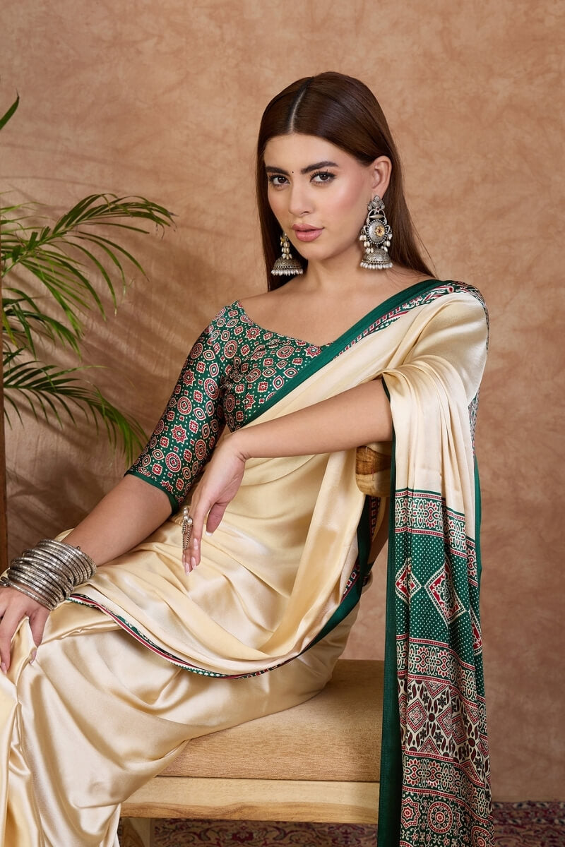 Redolent Off White Ajrakh Printed Semi Modal Silk Saree With Gleaming Blouse Piece