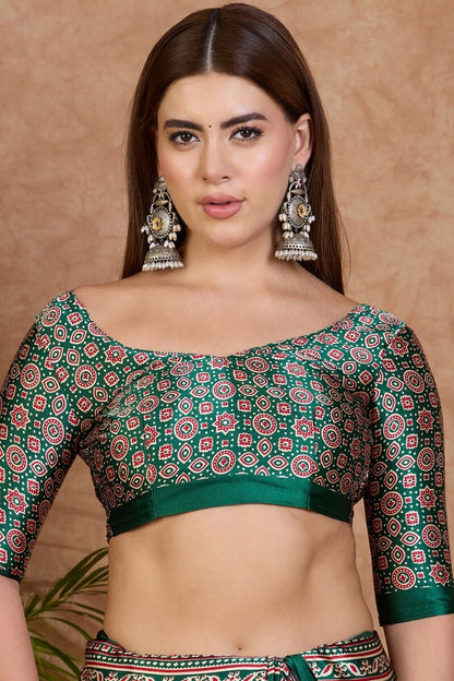 Redolent Off White Ajrakh Printed Semi Modal Silk Saree With Gleaming Blouse Piece