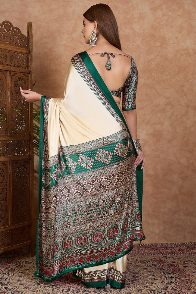 Redolent Off White Ajrakh Printed Semi Modal Silk Saree With Gleaming Blouse Piece
