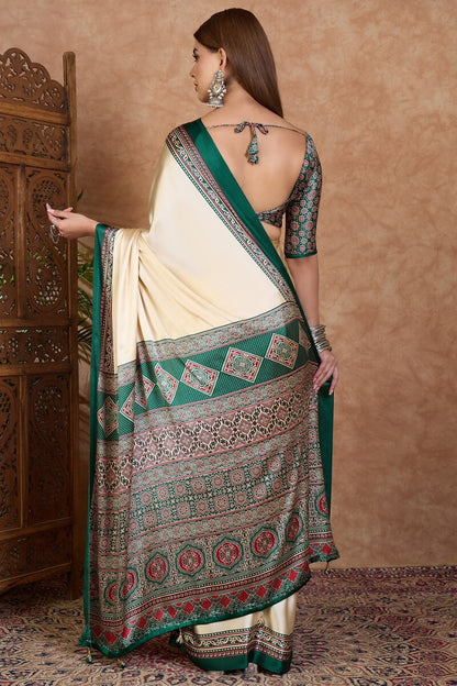 Redolent Off White Ajrakh Printed Semi Modal Silk Saree With Gleaming Blouse Piece