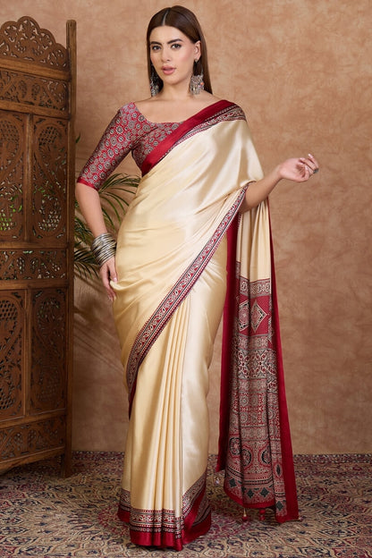 Invaluable Off White Ajrakh Printed Semi Modal Silk Saree With Capricious Blouse Piece