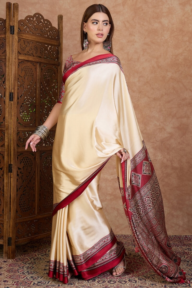 Invaluable Off White Ajrakh Printed Semi Modal Silk Saree With Capricious Blouse Piece