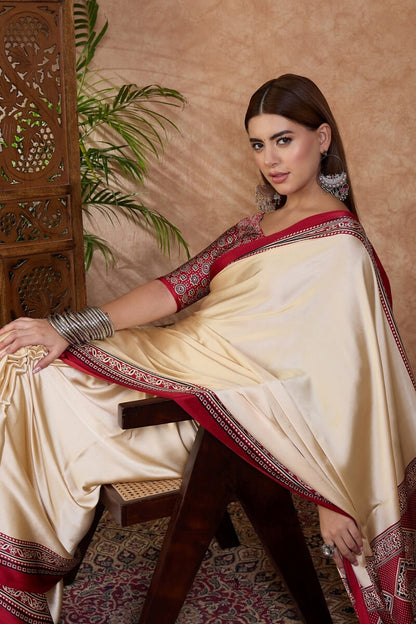 Invaluable Off White Ajrakh Printed Semi Modal Silk Saree With Capricious Blouse Piece