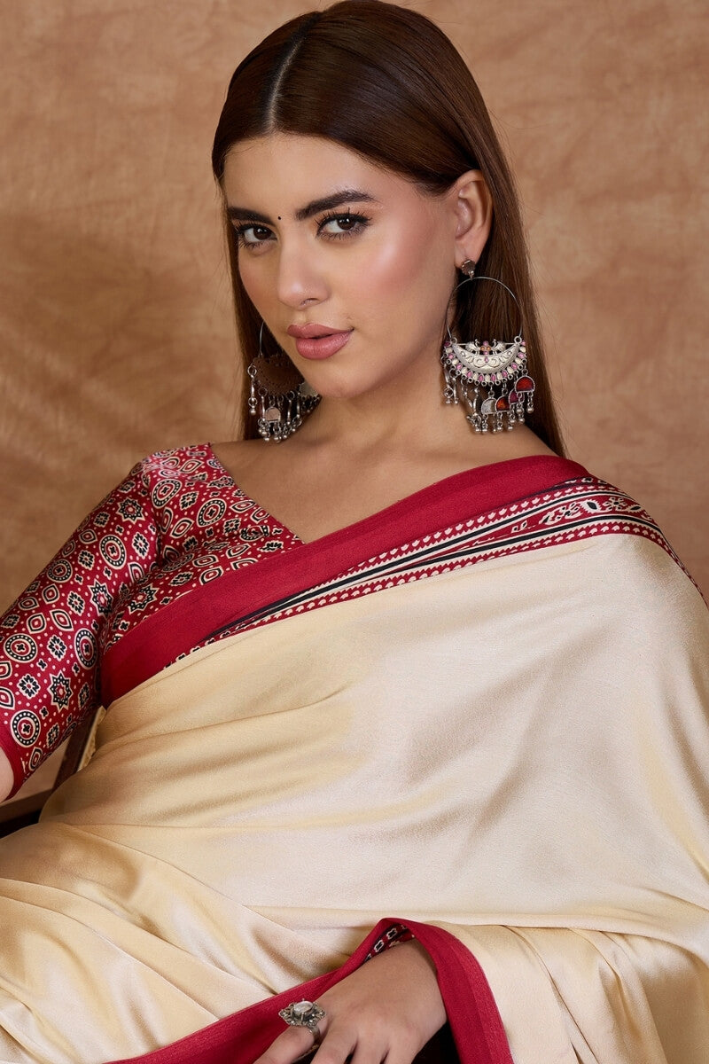 Invaluable Off White Ajrakh Printed Semi Modal Silk Saree With Capricious Blouse Piece
