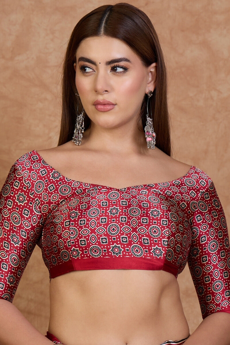 Invaluable Off White Ajrakh Printed Semi Modal Silk Saree With Capricious Blouse Piece