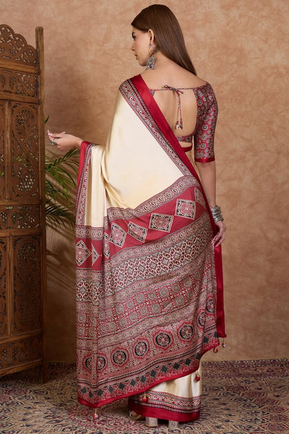 Invaluable Off White Ajrakh Printed Semi Modal Silk Saree With Capricious Blouse Piece