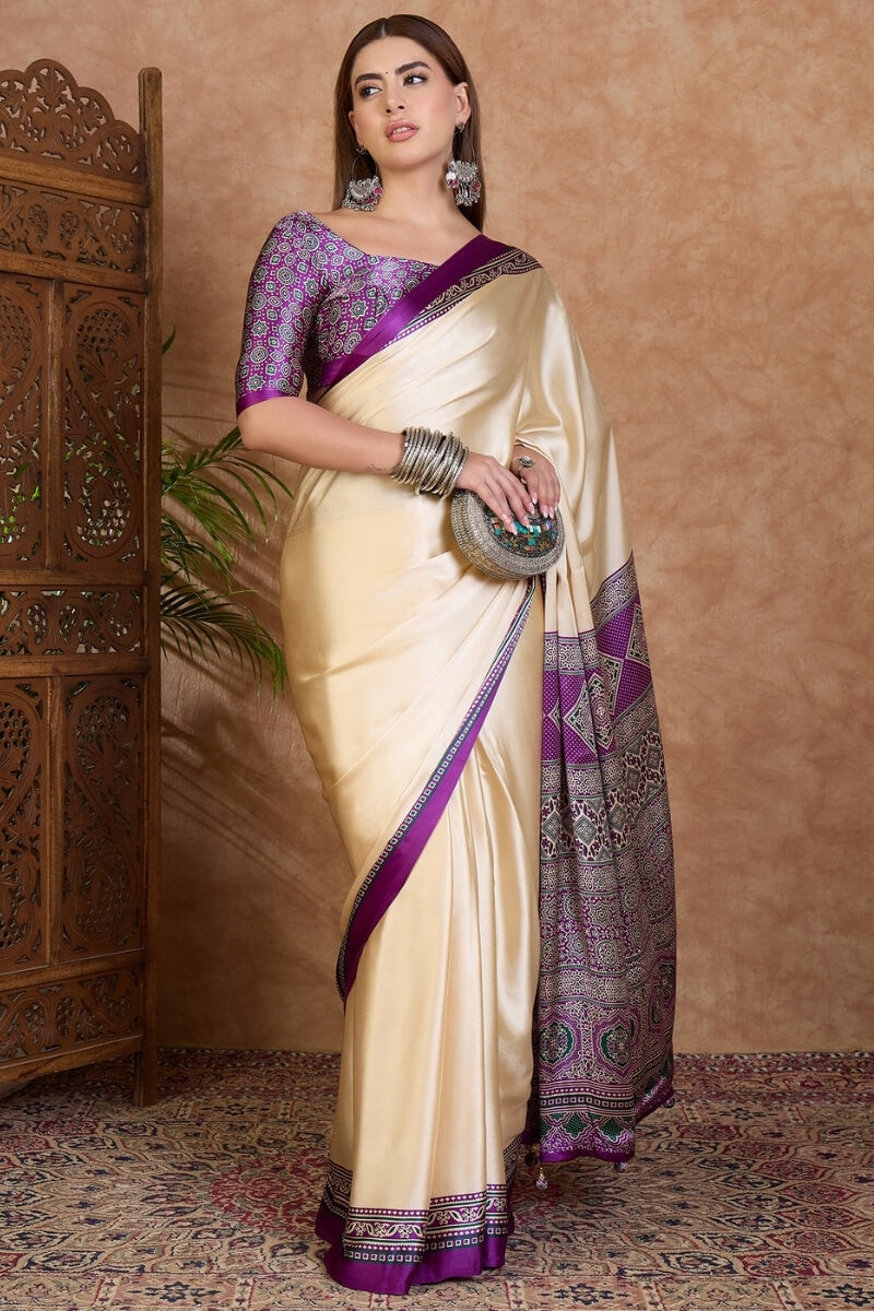 Dazzling Off White Ajrakh Printed Semi Modal Silk Saree With Dulcet Blouse Piece