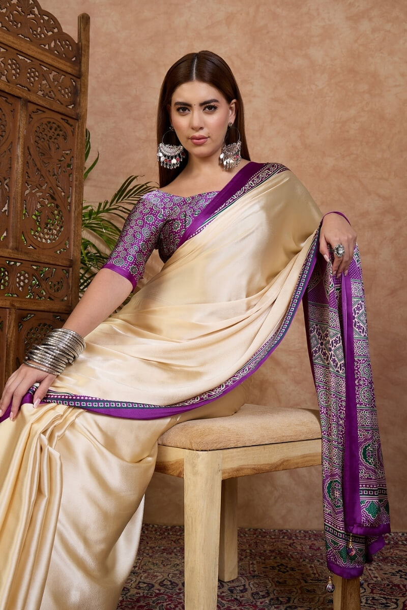 Dazzling Off White Ajrakh Printed Semi Modal Silk Saree With Dulcet Blouse Piece