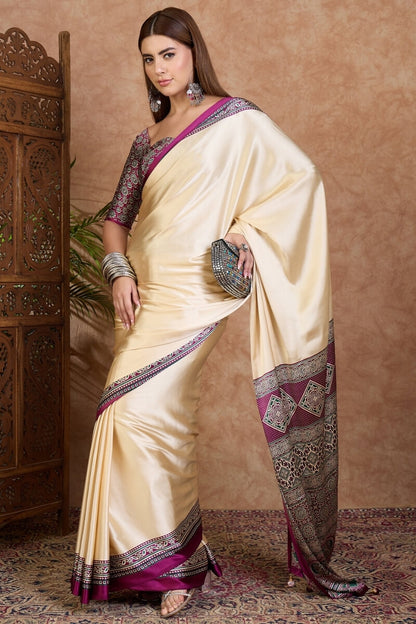 Twirling Off White Ajrakh Printed Semi Modal Silk Saree With Piquant Blouse Piece