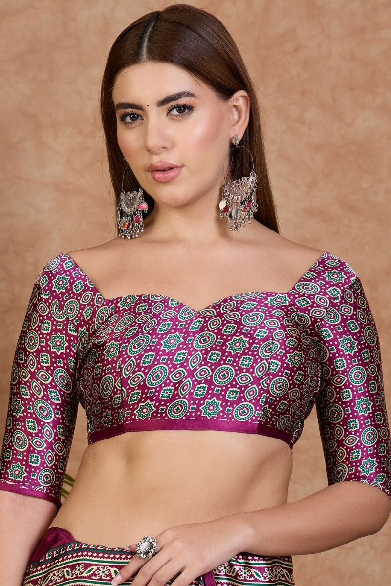 Twirling Off White Ajrakh Printed Semi Modal Silk Saree With Piquant Blouse Piece