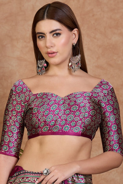 Twirling Off White Ajrakh Printed Semi Modal Silk Saree With Piquant Blouse Piece