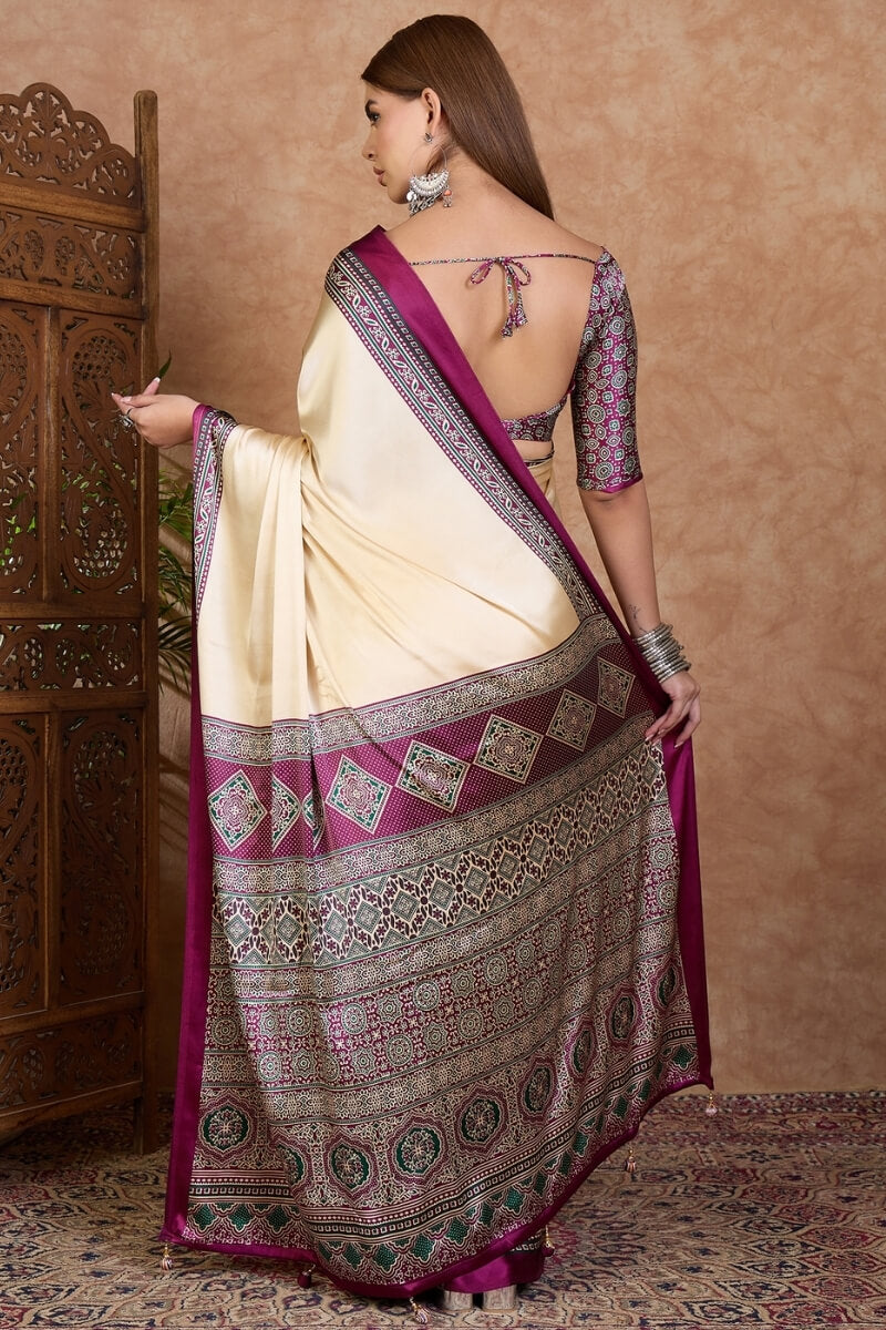 Twirling Off White Ajrakh Printed Semi Modal Silk Saree With Piquant Blouse Piece