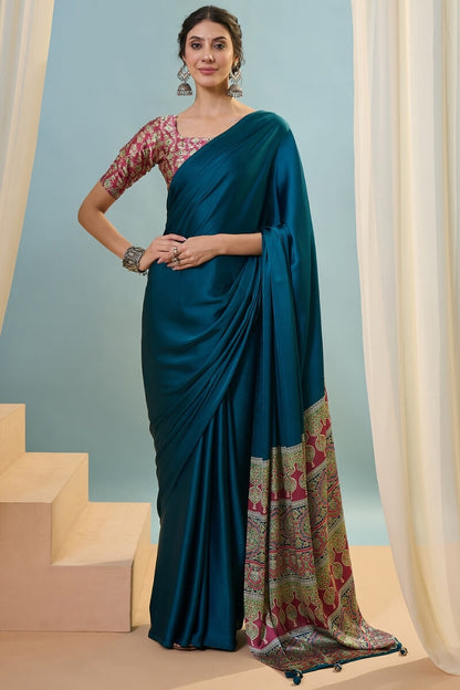 Incomparable Rama Ajrakh Printed Semi Modal Silk Saree With Trendy Blouse Piece