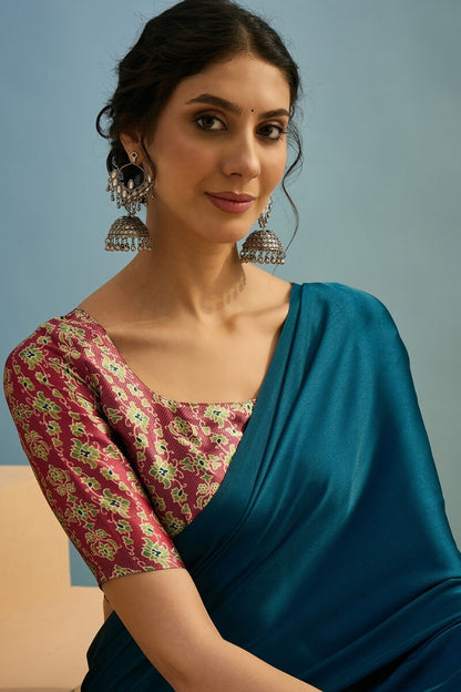 Incomparable Rama Ajrakh Printed Semi Modal Silk Saree With Trendy Blouse Piece