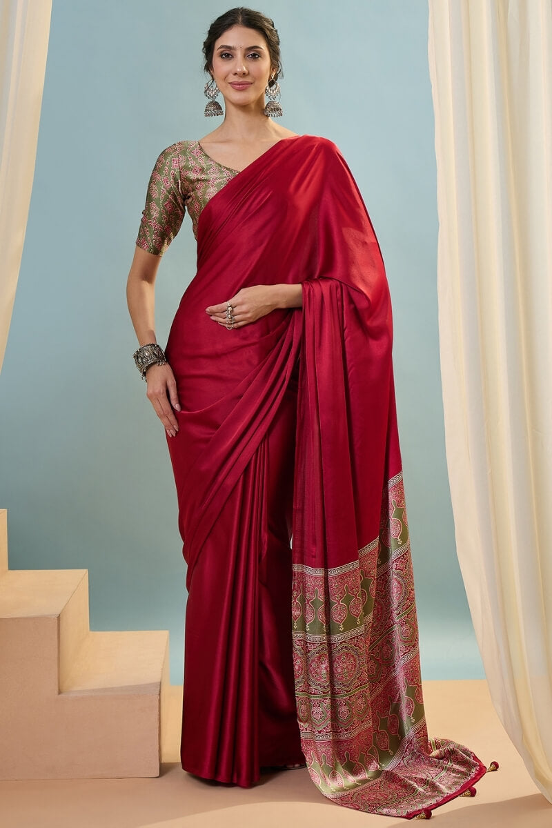 Hypnotic Red Ajrakh Printed Semi Modal Silk Saree With Nemesis Blouse Piece