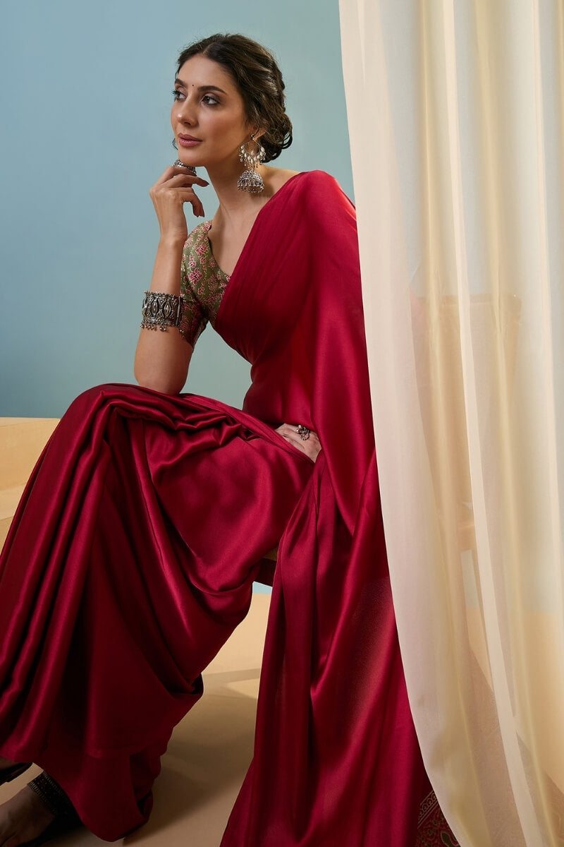 Hypnotic Red Ajrakh Printed Semi Modal Silk Saree With Nemesis Blouse Piece