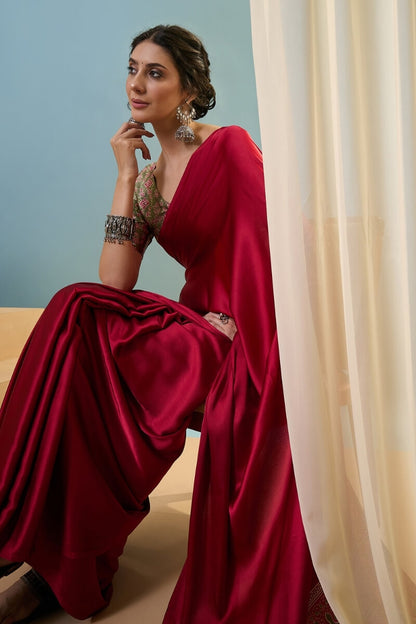 Hypnotic Red Ajrakh Printed Semi Modal Silk Saree With Nemesis Blouse Piece