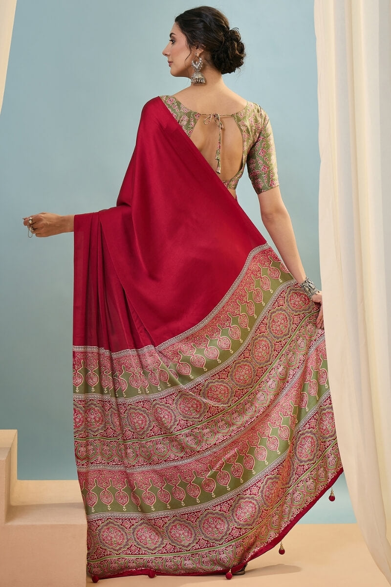 Hypnotic Red Ajrakh Printed Semi Modal Silk Saree With Nemesis Blouse Piece
