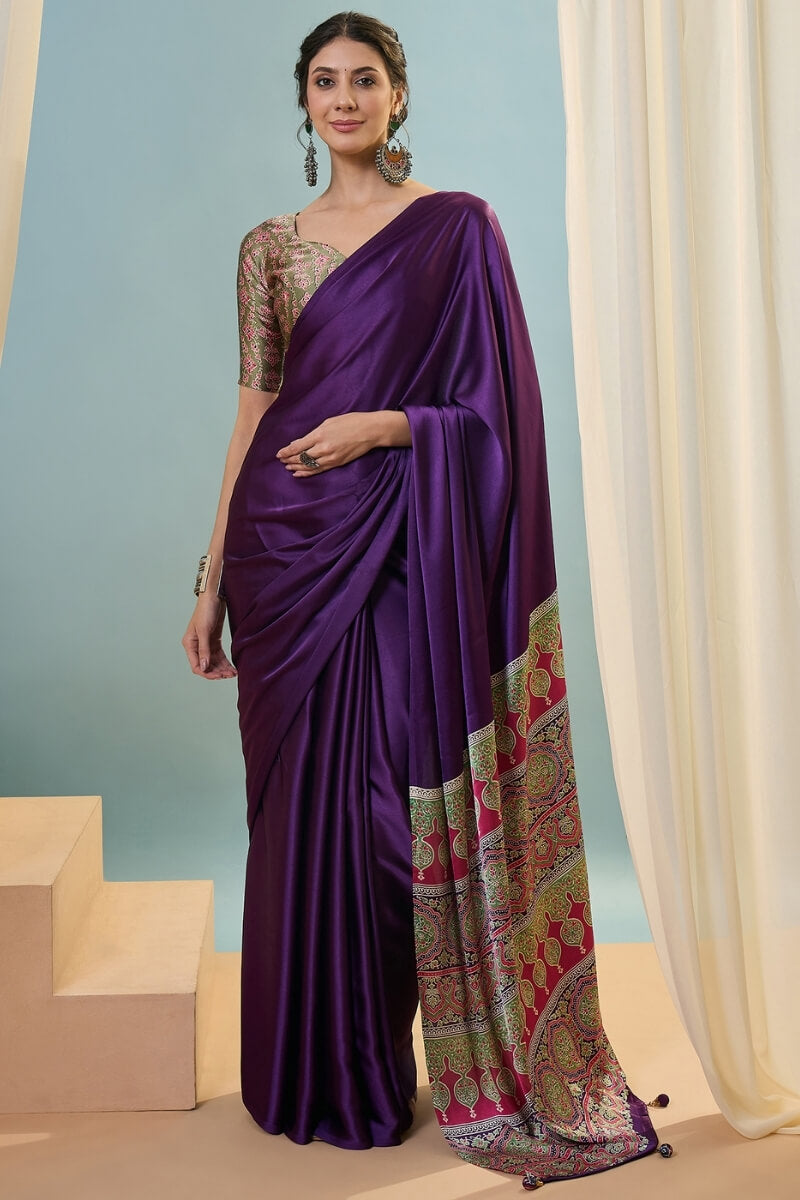 Stunning Purple Ajrakh Printed Semi Modal Silk Saree With Aplomb Blouse Piece
