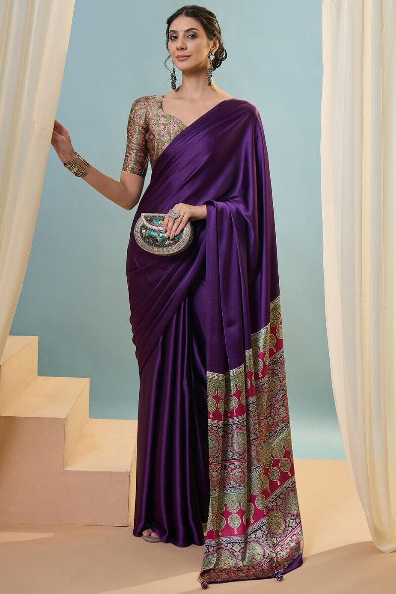 Stunning Purple Ajrakh Printed Semi Modal Silk Saree With Aplomb Blouse Piece