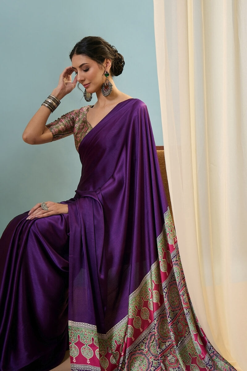 Stunning Purple Ajrakh Printed Semi Modal Silk Saree With Aplomb Blouse Piece