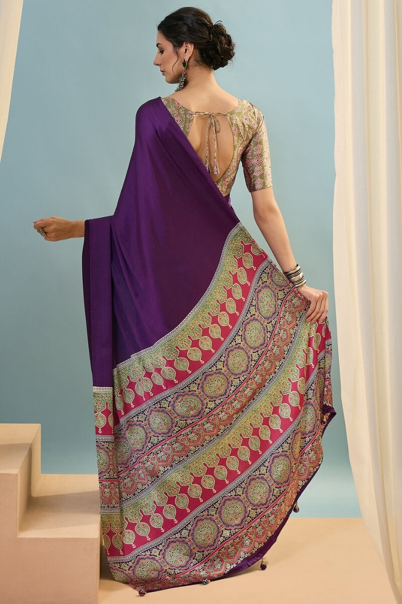 Stunning Purple Ajrakh Printed Semi Modal Silk Saree With Aplomb Blouse Piece