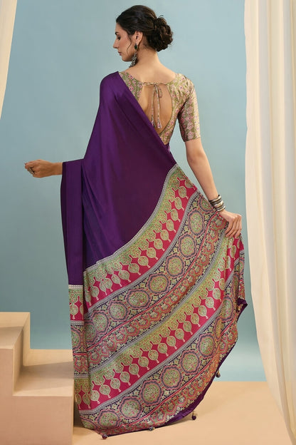 Stunning Purple Ajrakh Printed Semi Modal Silk Saree With Aplomb Blouse Piece