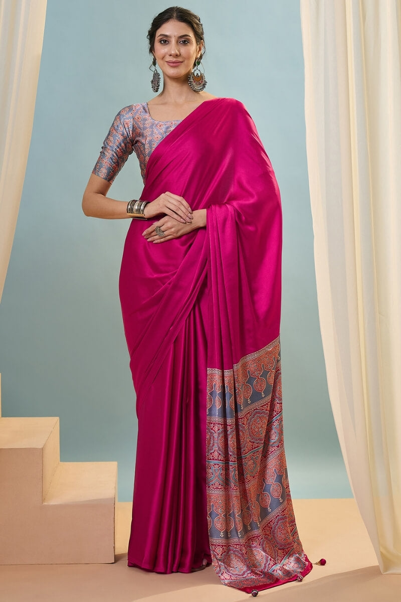 Seraglio Dark Pink Ajrakh Printed Semi Modal Silk Saree With Woebegone Blouse Piece