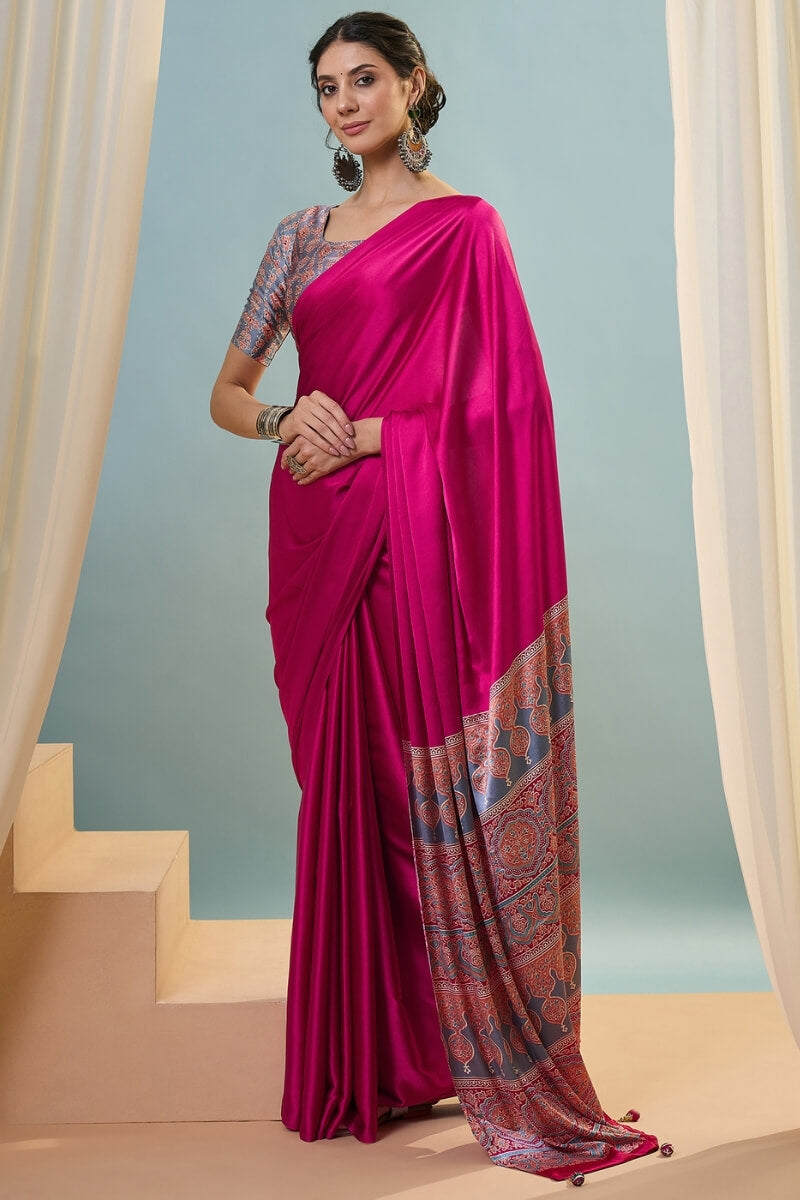 Seraglio Dark Pink Ajrakh Printed Semi Modal Silk Saree With Woebegone Blouse Piece