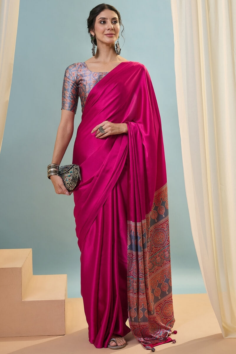 Seraglio Dark Pink Ajrakh Printed Semi Modal Silk Saree With Woebegone Blouse Piece