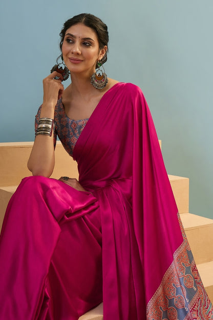 Seraglio Dark Pink Ajrakh Printed Semi Modal Silk Saree With Woebegone Blouse Piece