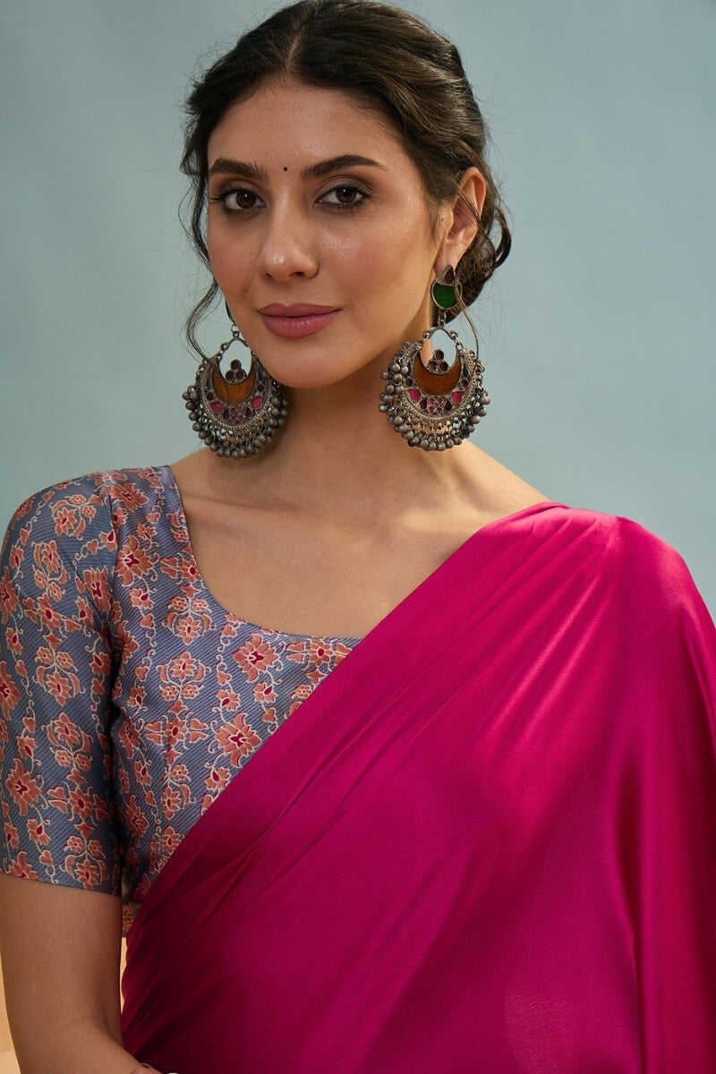 Seraglio Dark Pink Ajrakh Printed Semi Modal Silk Saree With Woebegone Blouse Piece