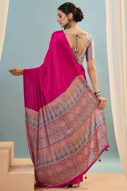 Seraglio Dark Pink Ajrakh Printed Semi Modal Silk Saree With Woebegone Blouse Piece