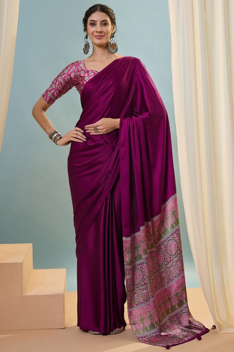 Luminous Purple Ajrakh Printed Semi Modal Silk Saree With Lustrous Blouse Piece