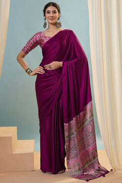 Luminous Purple Ajrakh Printed Semi Modal Silk Saree With Lustrous Blouse Piece