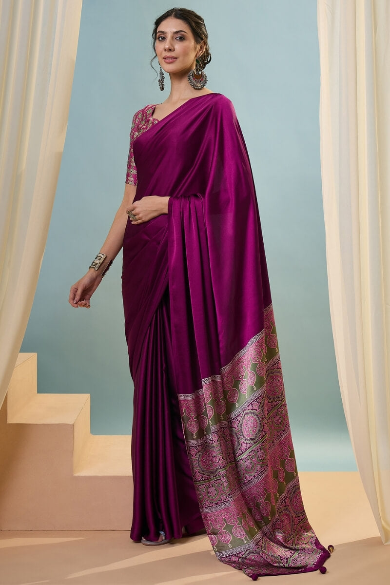 Luminous Purple Ajrakh Printed Semi Modal Silk Saree With Lustrous Blouse Piece