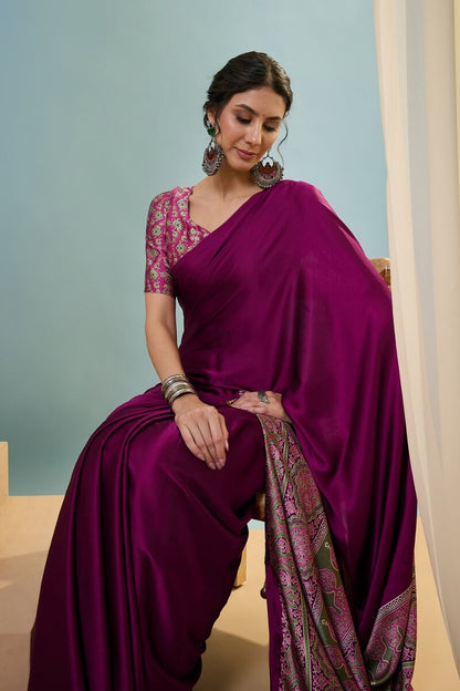 Luminous Purple Ajrakh Printed Semi Modal Silk Saree With Lustrous Blouse Piece