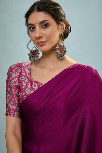 Luminous Purple Ajrakh Printed Semi Modal Silk Saree With Lustrous Blouse Piece