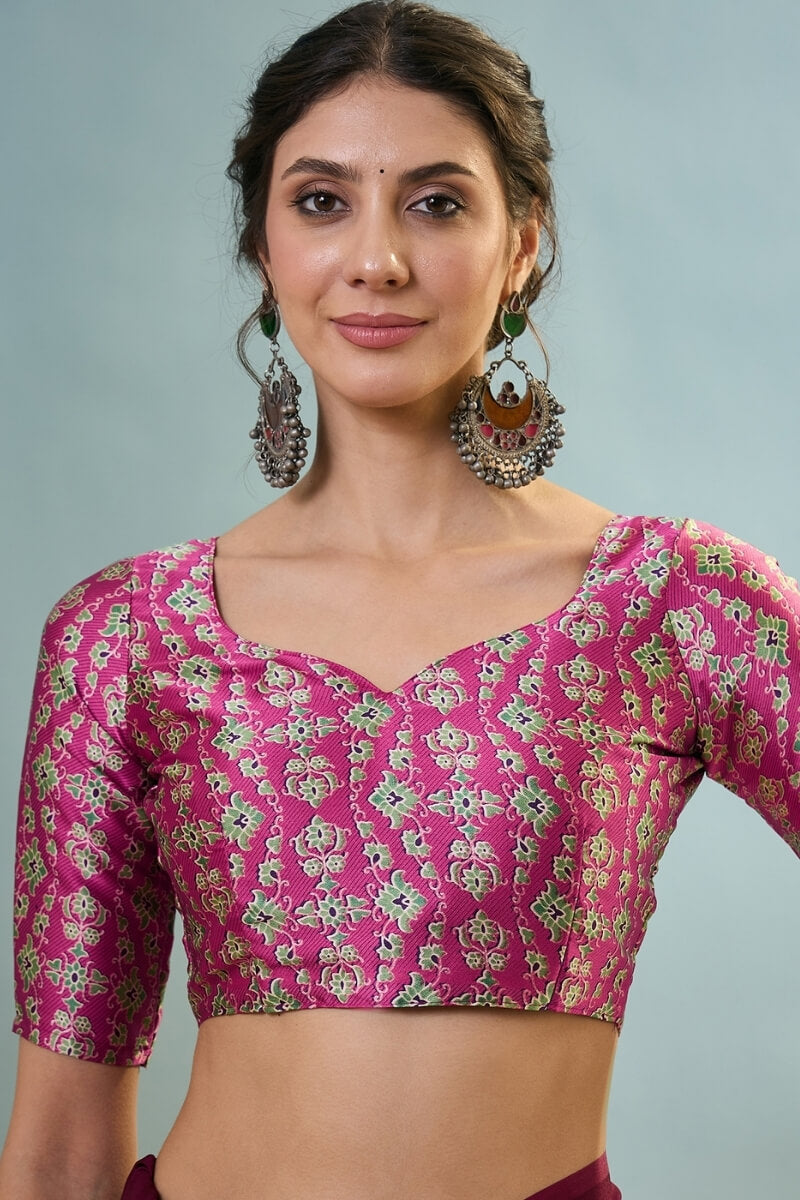 Luminous Purple Ajrakh Printed Semi Modal Silk Saree With Lustrous Blouse Piece