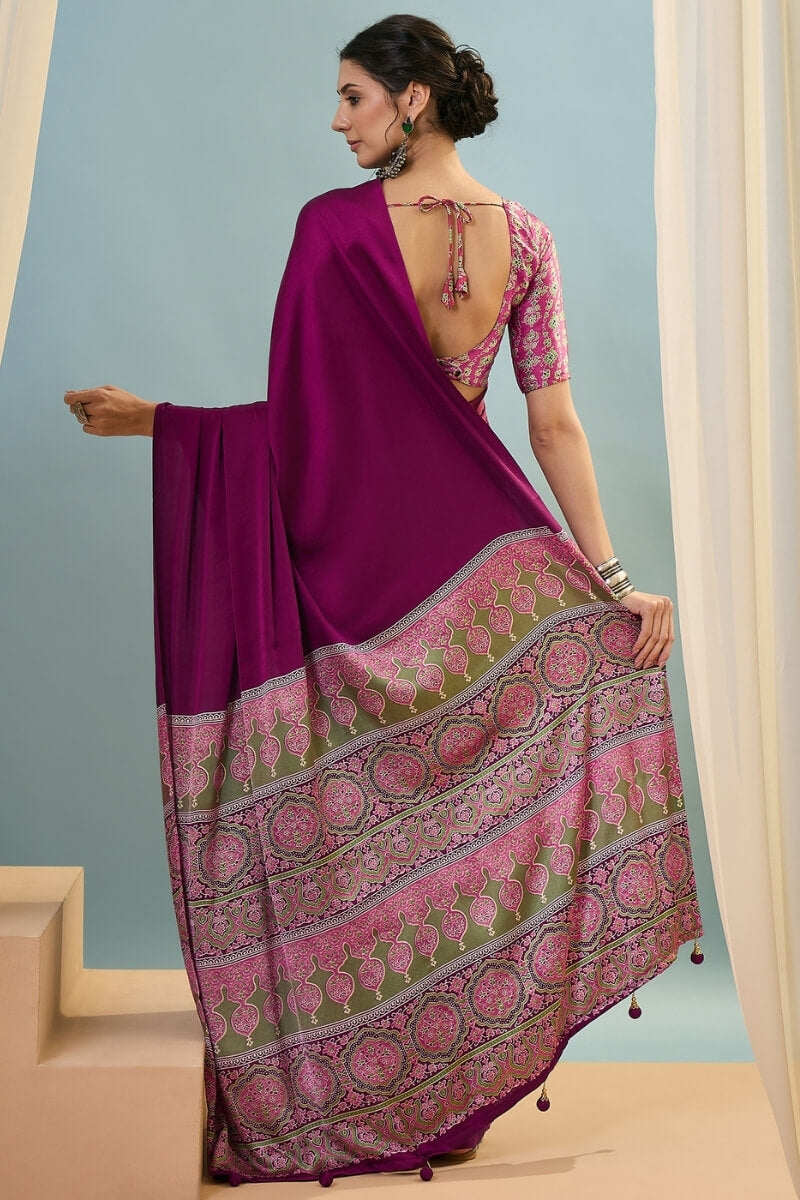 Luminous Purple Ajrakh Printed Semi Modal Silk Saree With Lustrous Blouse Piece