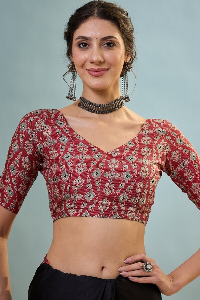 Innovative Black Ajrakh Printed Semi Modal Silk Saree With Snazzy Blouse Piece