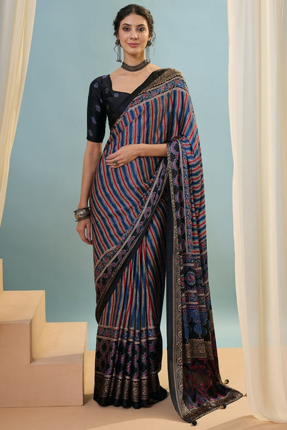 Ethereal Navy Blue Ajrakh Printed Semi Modal Silk Saree With Charming Blouse Piece
