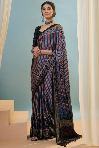 Ethereal Navy Blue Ajrakh Printed Semi Modal Silk Saree With Charming Blouse Piece
