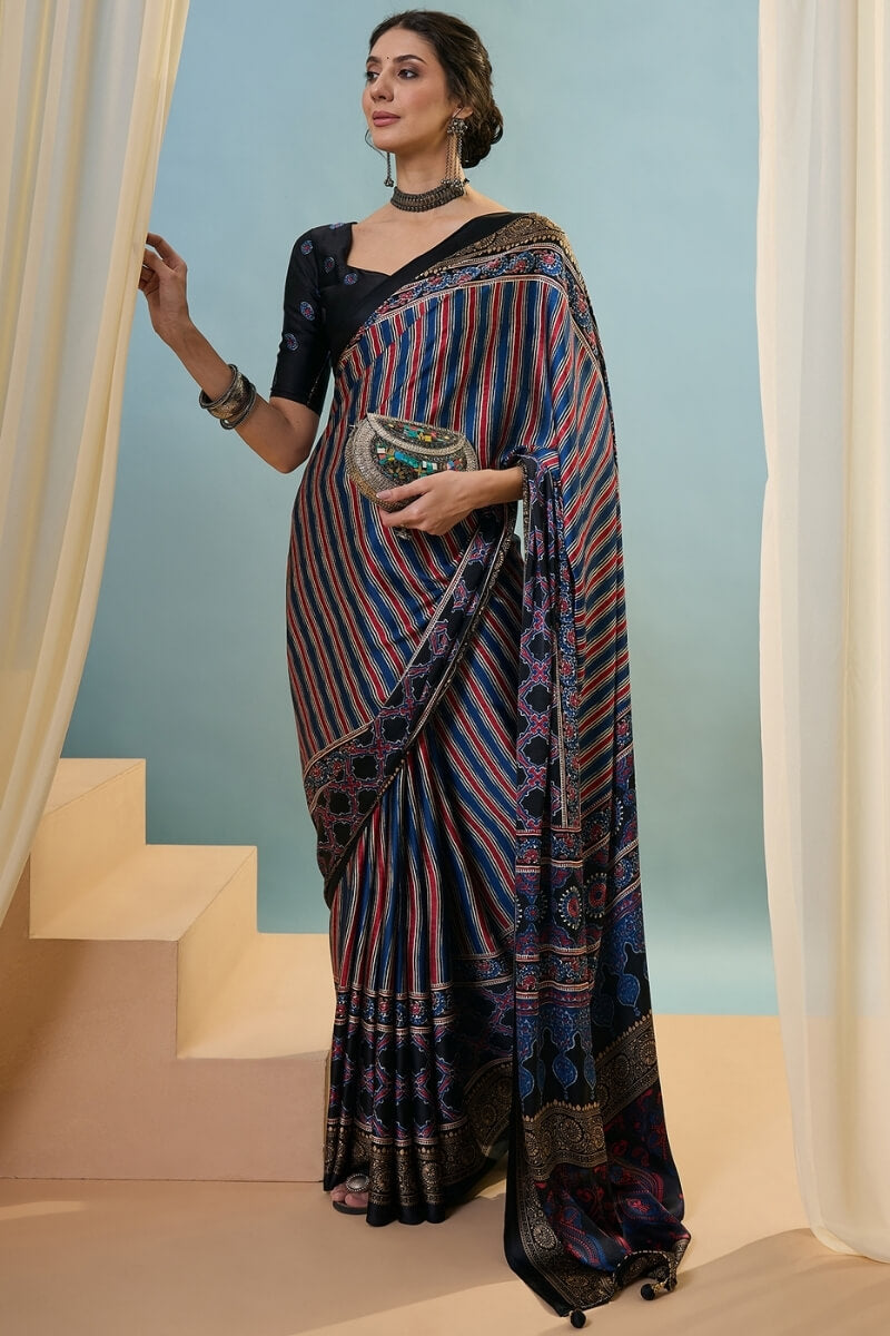 Ethereal Navy Blue Ajrakh Printed Semi Modal Silk Saree With Charming Blouse Piece