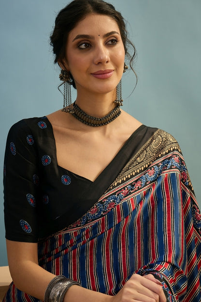 Ethereal Navy Blue Ajrakh Printed Semi Modal Silk Saree With Charming Blouse Piece