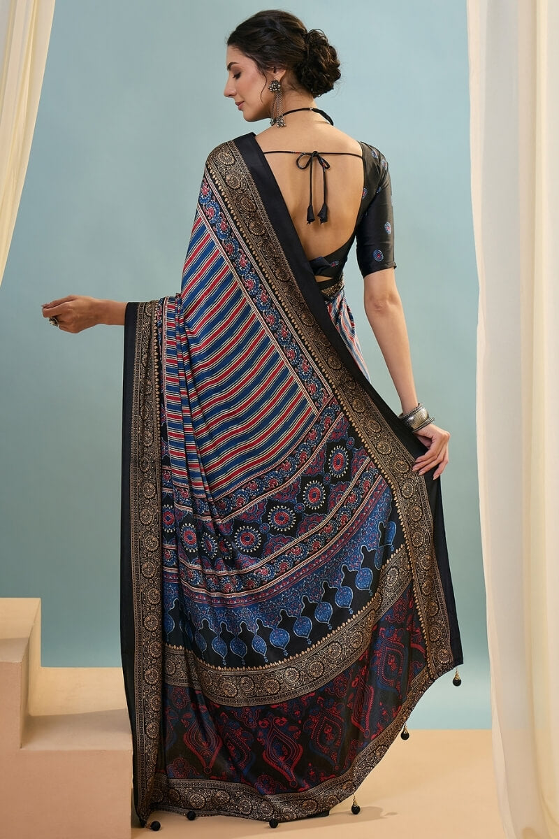 Ethereal Navy Blue Ajrakh Printed Semi Modal Silk Saree With Charming Blouse Piece
