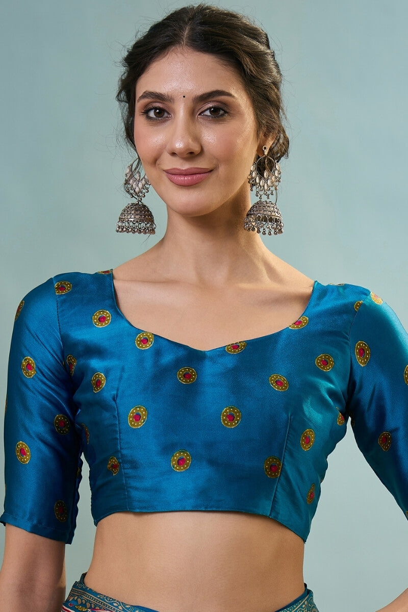 Fragrant Green Ajrakh Printed Semi Modal Silk Saree With Charismatic Blouse Piece